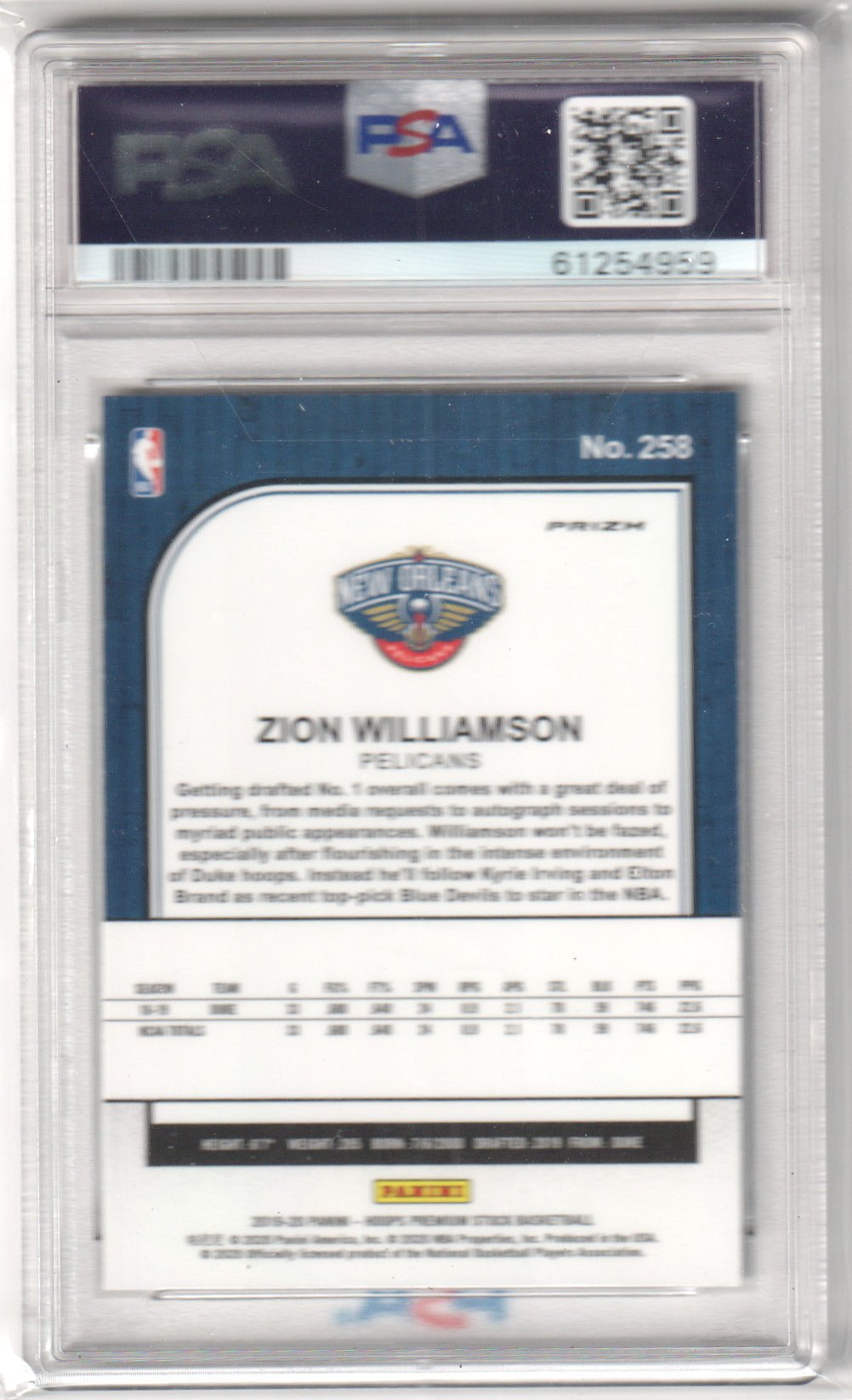 ZION WILLIAMSON 2019 - 20 Panini Hoops Premium Stock Rookie RC Pulsar PSA 9 MINT - Columbia Hobby - Sports Card Boxes - Toploaders - Card Savers