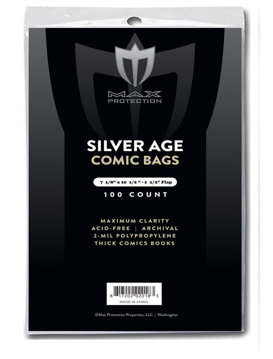 100ct Pack Silver / Regular Comic Bags - 7 - 1/8x10 - 1/2" - Columbia Hobby - Sports Card Boxes - Toploaders - Card Savers