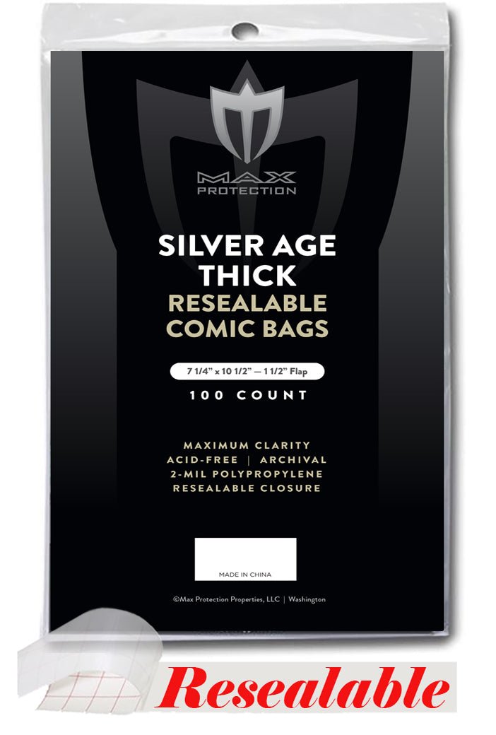 100ct Pack Silver / Regular Resealable Thick Comic Bags - 7 - 1/4x10 - 1/2 - Columbia Hobby - Sports Card Boxes - Toploaders - Card Savers