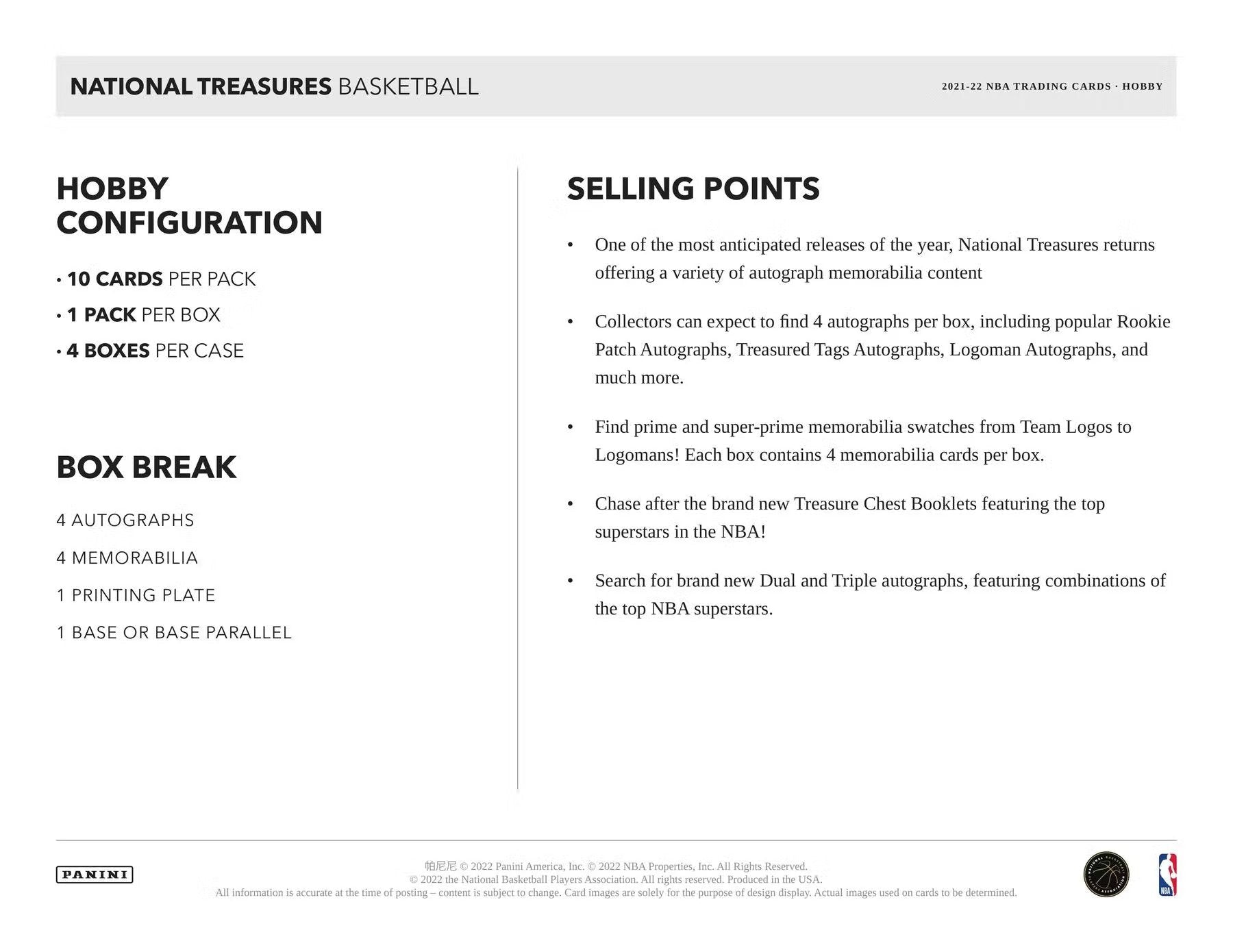 2021-22 Panini National Treasures Basketball Hobby Box - Columbia Sports Cards