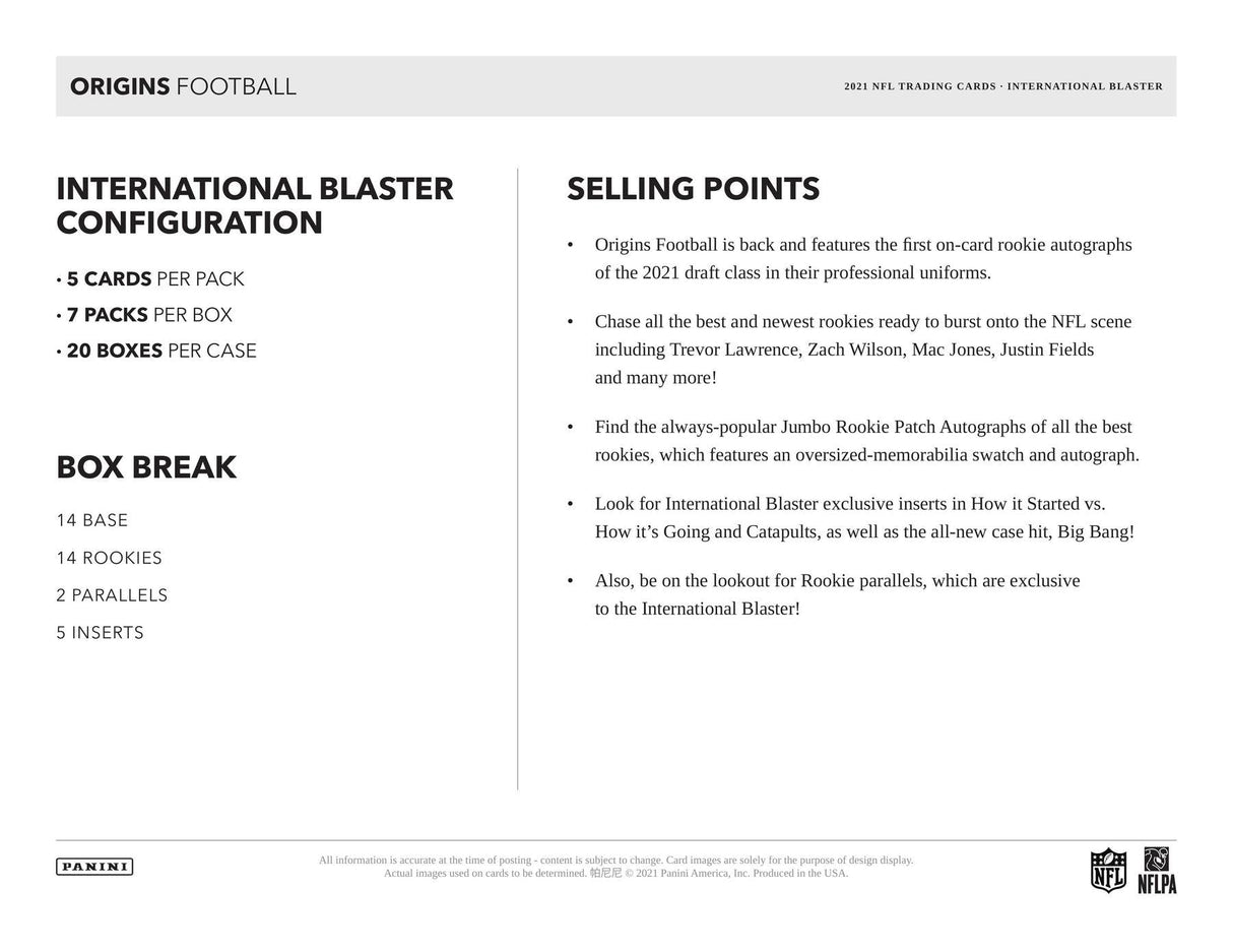 2021 Panini Origins Football International Blaster Box | Columbia Sports Cards & More.