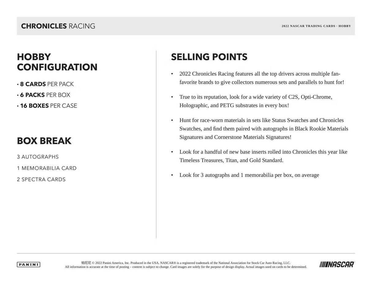 2022 Panini Chronicles Racing Hobby Box