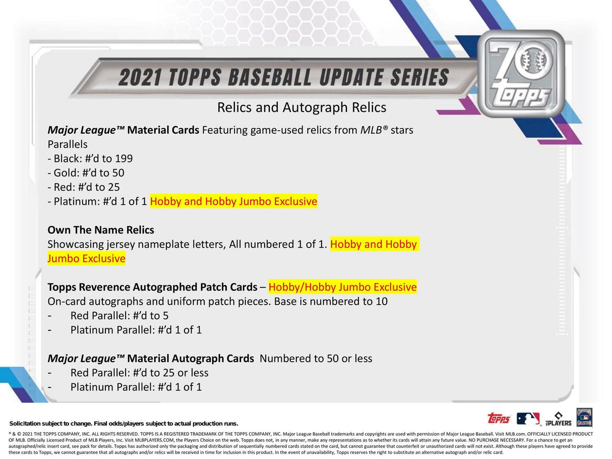 2021 Topps Update Series Baseball Hobby Box | Columbia Sports Cards & More.